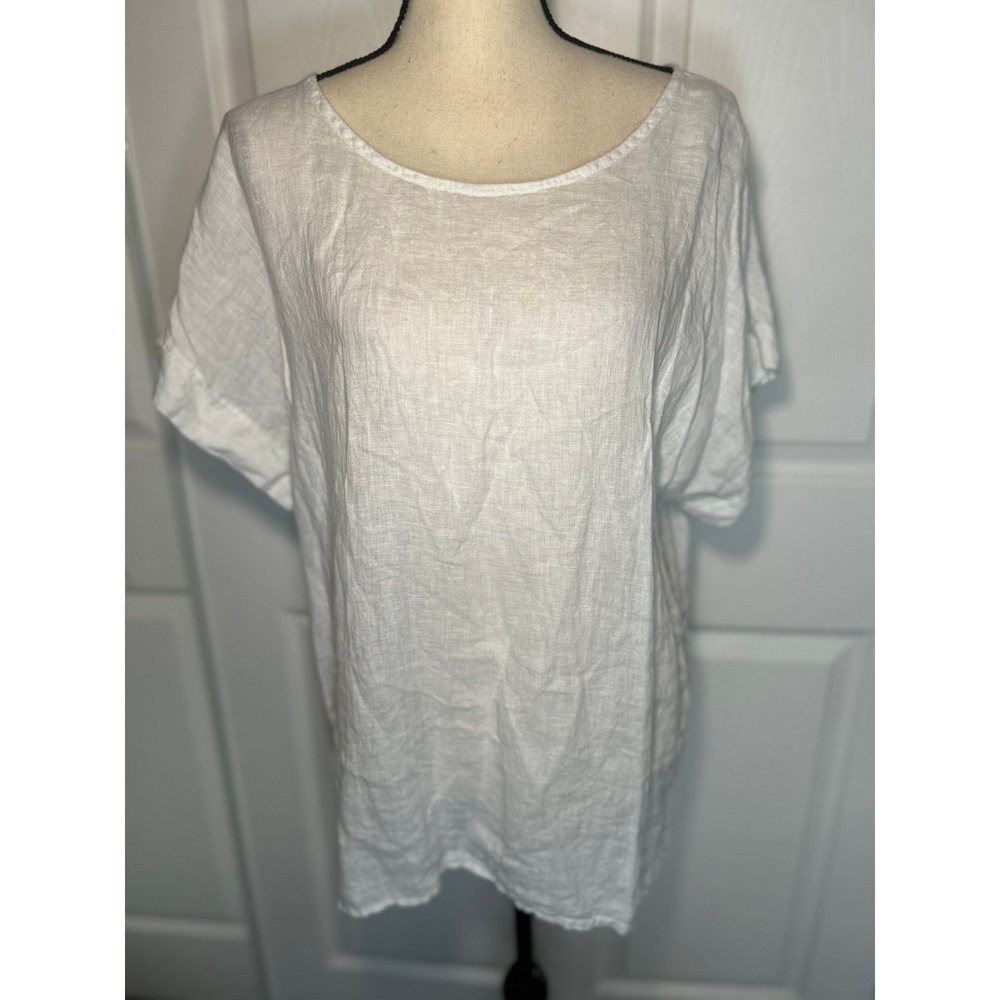Bellambra‎ 100% Linen Top Made in Italy White Short Sleeve Knit Back Size L